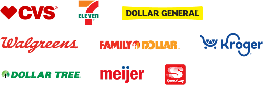 Logo collection of retailers where GO2bank debit cards are available to purchase including, CVS, 7- Eleven, Dollar General, Walgreens, Family Dollar, Kroger, Dollar Tree, Meijer and Speedway.